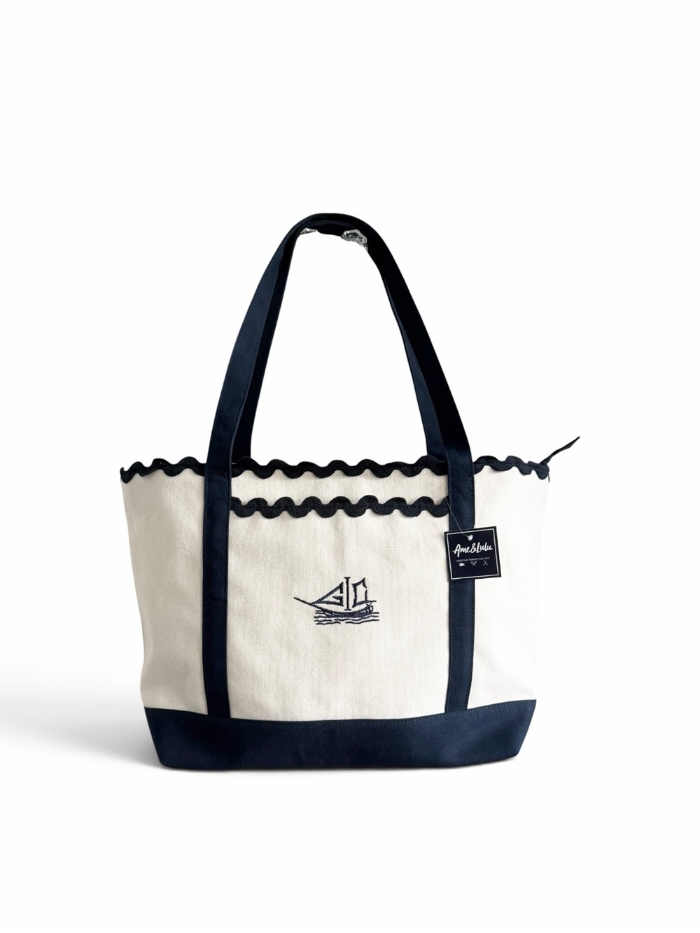 Ame & Lulu Court to Coast Tote Natural Navy Club Logo NWT